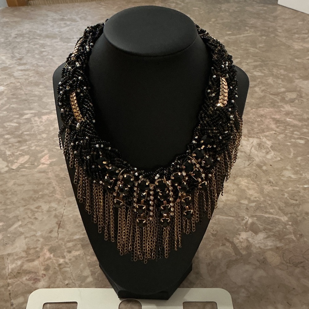 Black and Gold Fringe Statement Necklace - Unbranded